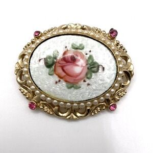 Vintage Coro Pegasus Brooch Guilloche Enamel Painted Rose Pin Signed